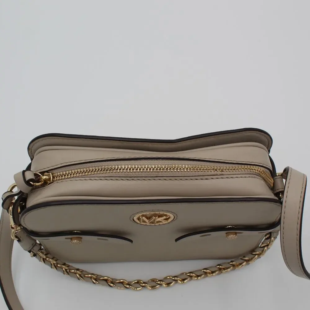 Michael Kors Carmen Crossbody Bag Beige Saffiano Leather Gold Chain Purse